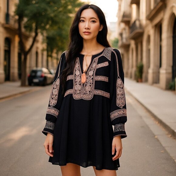 Free People Wind Willow Embroidered Tassel Tie Dress XS - Picture 1 of 5